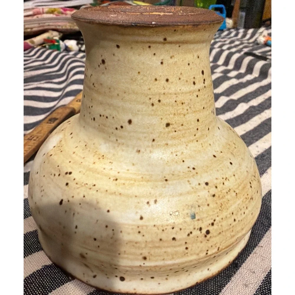 AG Studio Pottery Signed Numbered 117 Speckled Stoneware Vase Rustic Cream Brown